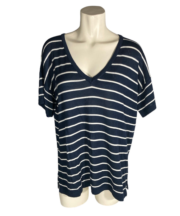 Short Sleeve Womens Knit Sweater White and Navy Striped Size XS