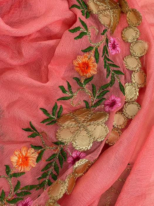 Salmon & Copper Floral Embroidered Scarf
