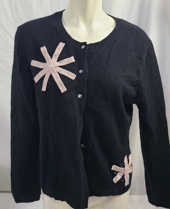 Garnet Hill black button down snowflake sweater, size L