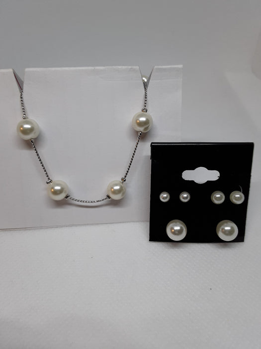 Silvertone faux pearl necklace and earrings