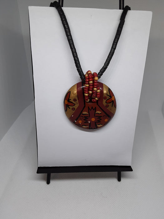 Black wood beaded necklace with wooden pendant