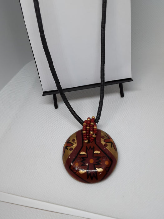 Black wood beaded necklace with wooden pendant