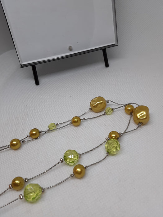 Silvertone necklace with goldtone and lime green beads