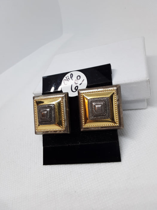 Vintage silvertone and brass clip square earrings