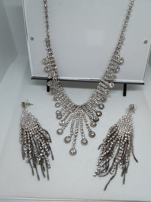 Silvertone rhinestone chandelier necklace and earring set