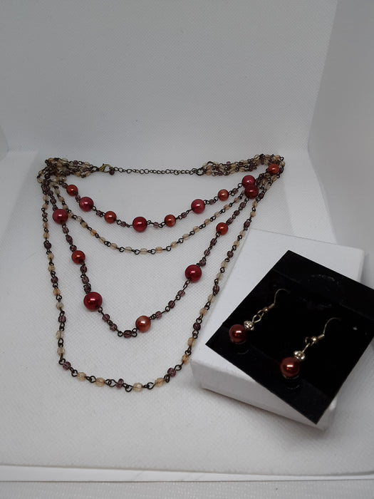 Brasstone red beaded necklace and earring set