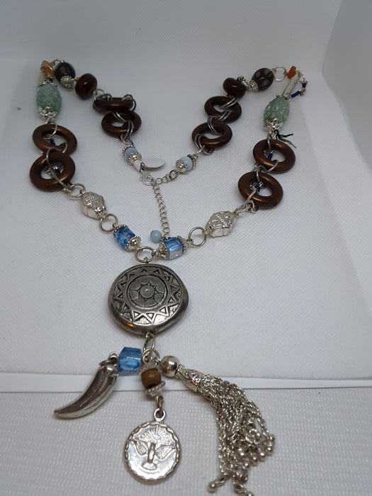 Eclectic silvertone beaded charm necklace