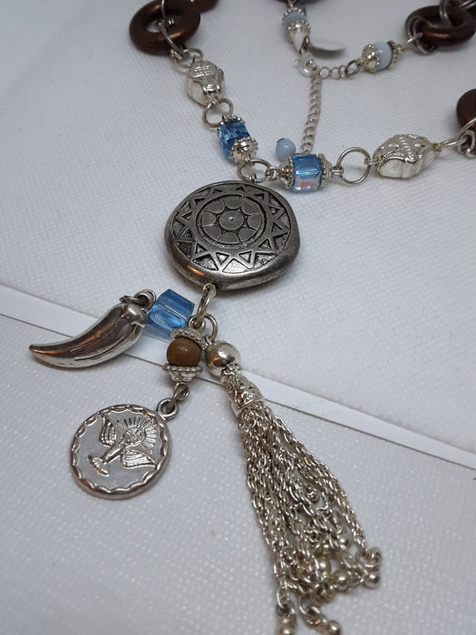 Eclectic silvertone beaded charm necklace