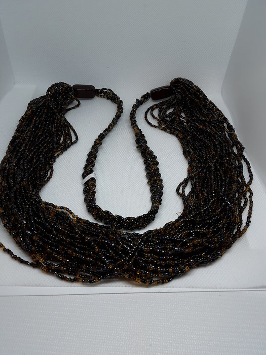 Multistrand brown, black, and blue beaded necklace
