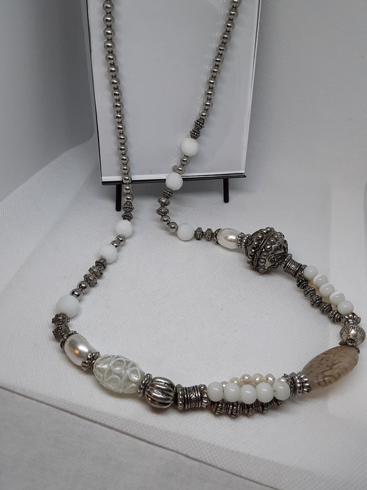 Silvertone necklace with white and silvertone beads