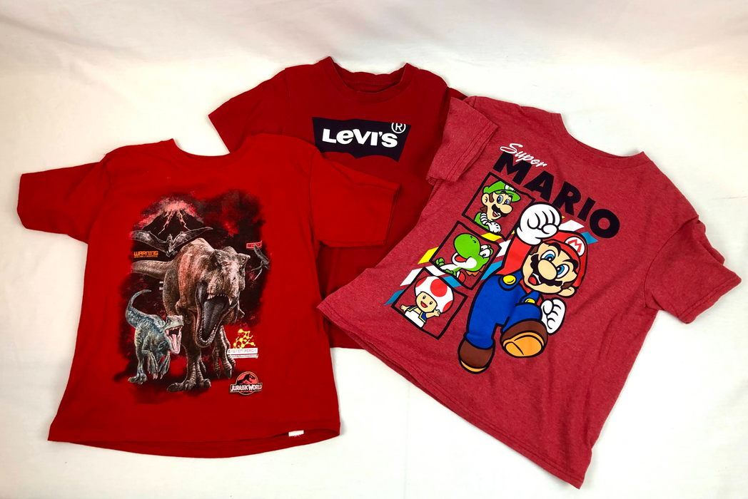 3 Piece Red Super Mario, Jurassic World T-Shirt Bundle Size 7