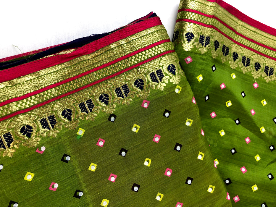 Green Sari with multi colored design