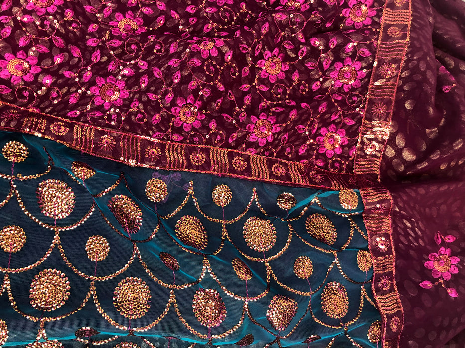 Womens Purple Teal Pink Sari Fabric