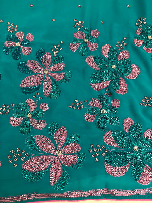 Womens Sari Teal and Pink Fabric