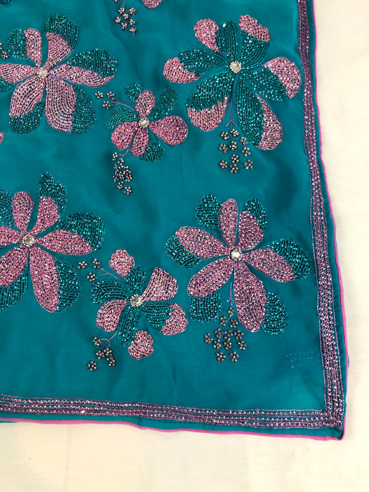 Womens Sari Teal and Pink Fabric