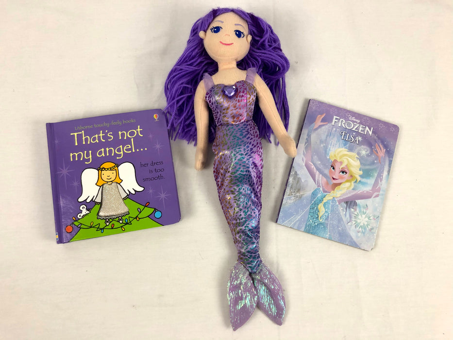 3 Piece Usborne and Frozen Books and Aurora Plush Mermaid Bundle